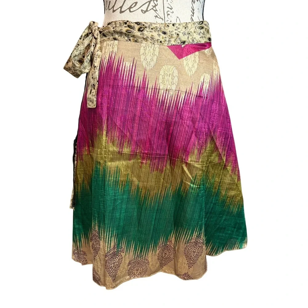 Reversible Silk Wrap Skirt Boho Floral Paisley Multicolor OS 21